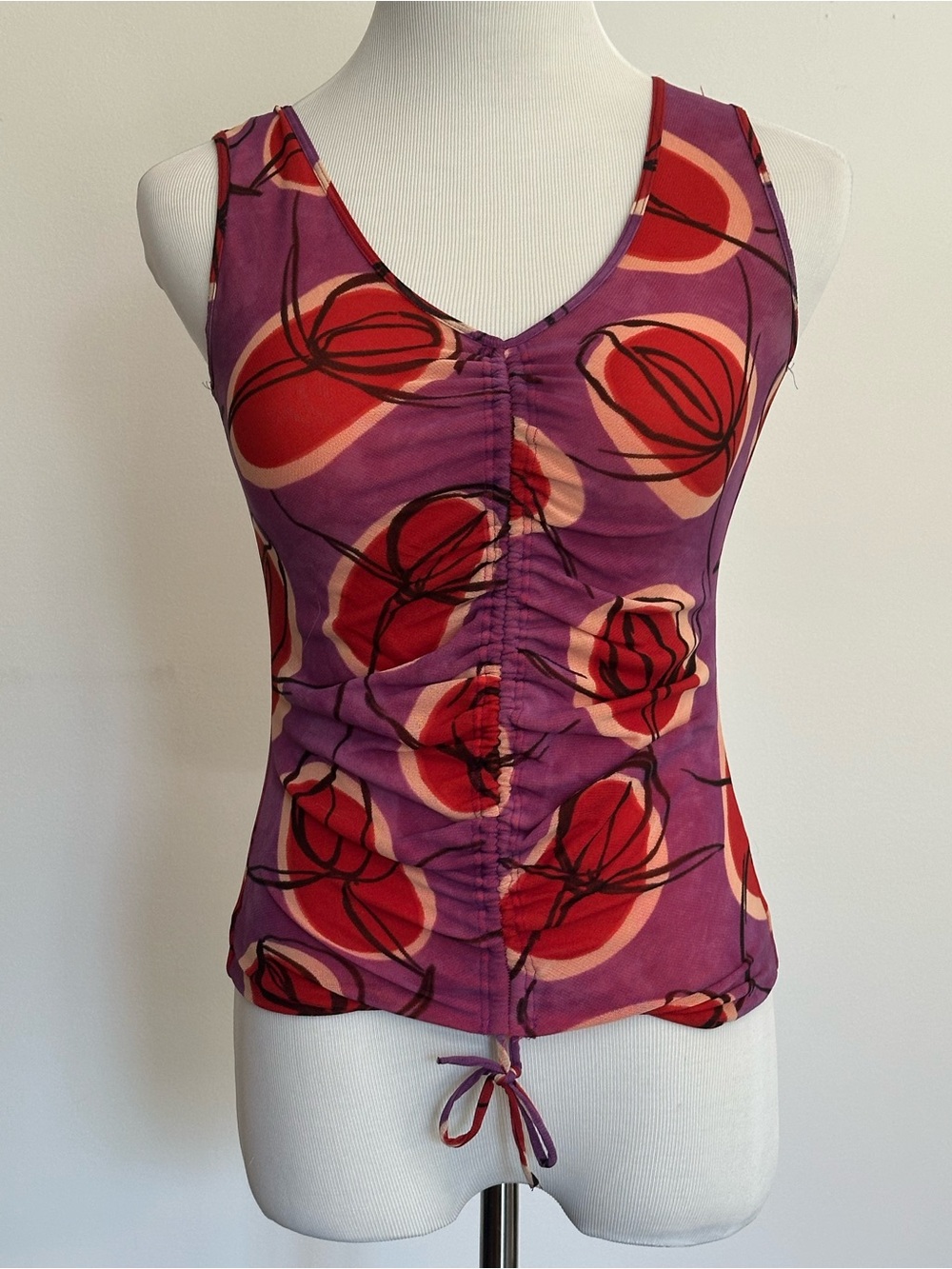Plein Sud Purple Ruched V-Neck Tank with Red Floral Print